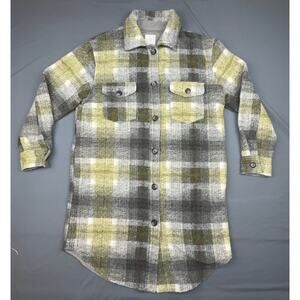 Joie Textured Plaid Shacket Jacket Medium Gray Green Yellow Cozy Fall Layer